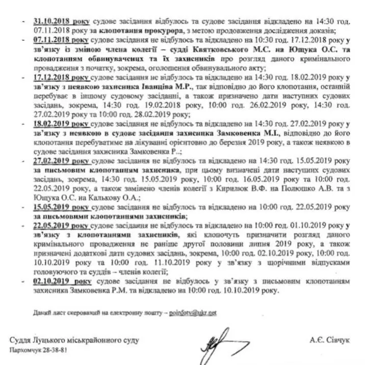 Відповідь Луцького міськрайонного суду суддів Андрія Сівчука про справу Руслана Вандьо і Віктора Полюховича
