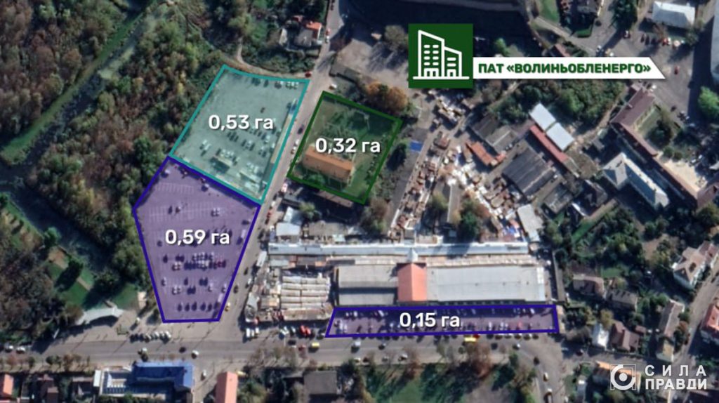 Супутниковий знімок ділянки площею 0,32 гектара, яку винаймає приватне акціонерне товариство «Волиньобленерго». Схема автора