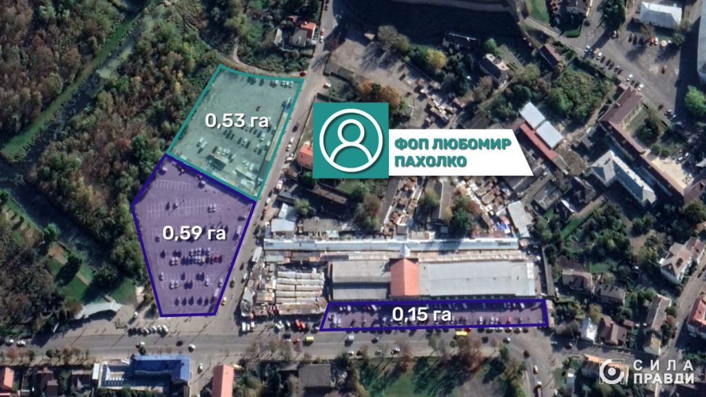 Супутниковий знімок ділянки площею 0,53 гектара, яку орендує підприємець Любомир Пахолко. Схема автора