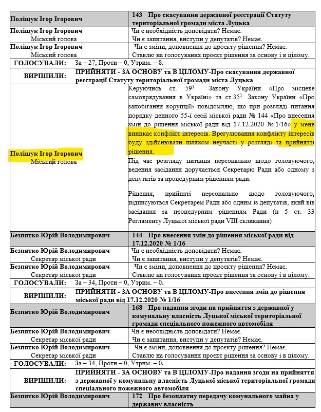 Інформація про конфлікт інтересів, озвучена Ігорем Поліщуком.