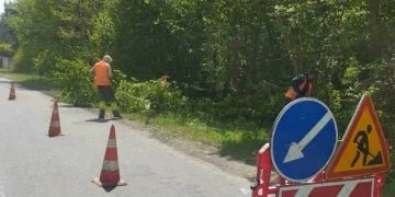 Робітники зрізають кущі обіч дороги. Роботи з утримання дороги